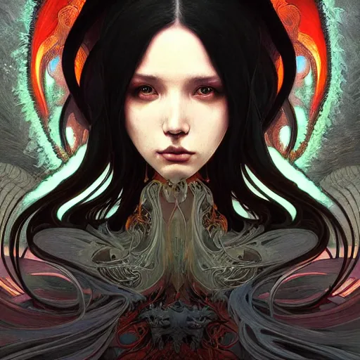 Prompt: A portrait of A beautiful!!!! angel in black flames by Ross Tran!! and alphonse mucha and greg rutkowski! and Zdzisław Beksiński!!,In style of Pixel art.Symmetrical face.dark Fantasy,smooth,hyper detailed,sharp focus,Soft light.4k