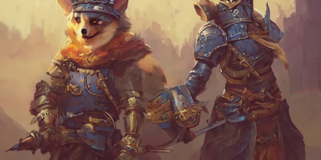 Image similar to beautiful painting of a fantasy corgi knight, by Ian McQue, tristan eaton, Tom Bagshaw, trending on Artstation, 8k, masterpiece, graffiti paint, fine detail, full of color, intricate detail