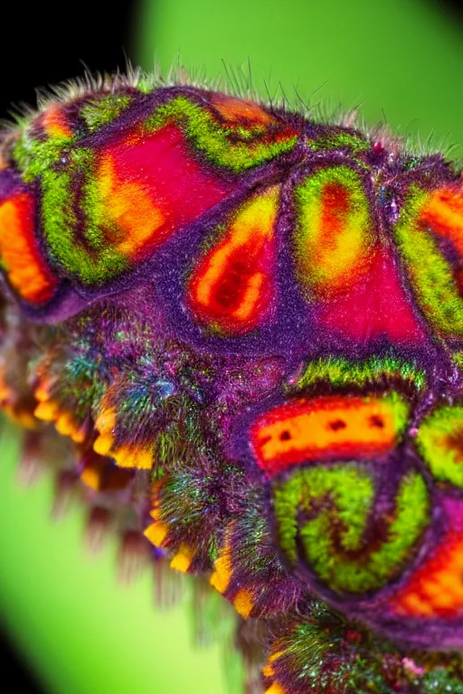 Image similar to high quality macro photo multicolored puss moth caterpillar! gorgeous highly detailed hannah yata elson peter cinematic lighting high quality low angle hd 8k sharp shallow depth of field