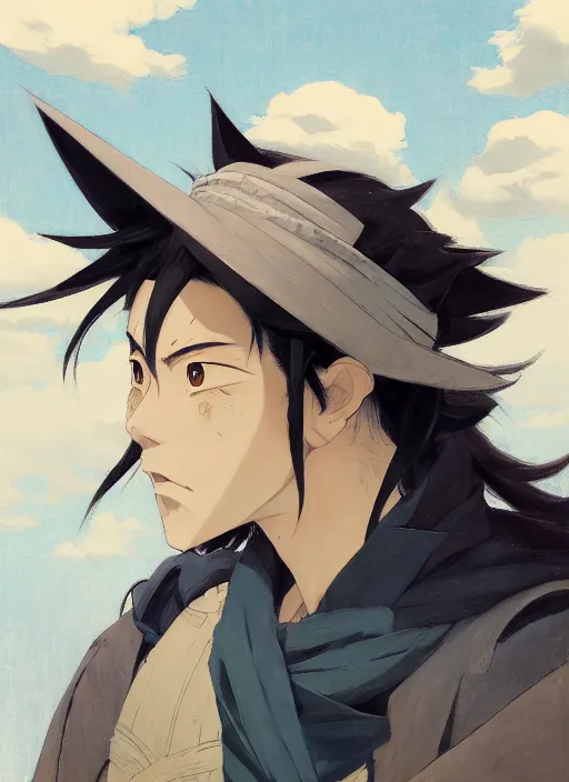 Prompt: portrait of Tanjiro Kamado from Demon Slayer Anime, countryside, calm, fantasy character portrait, dynamic pose, above view, sunny day, thunder clouds in the sky, artwork by Jeremy Lipkin and Giuseppe Dangelico Pino and Michael Garmash and Rob Rey, very coherent asymmetrical artwork, sharp edges, perfect face, simple form, 100mm