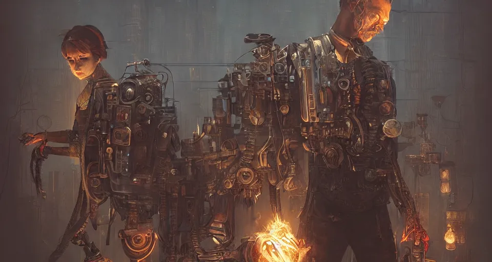 Prompt: a highly detailed epic cinematic concept art CG render digital painting artwork scene: retrofuturistic 1920s cyberpunk steampunk man brutally fused with a smoking combustion engine backpack. By Greg Rutkowski, Ilya Kuvshinov, WLOP, Stanley Artgerm Lau, Ruan Jia and Fenghua Zhong, trending on ArtStation, made in Maya, Blender and Photoshop, octane render, excellent composition, cinematic dystopian brutalist atmosphere, dynamic dramatic cinematic lighting, aesthetic, very inspirational, arthouse