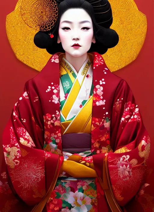 Image similar to dreamlike luxury stunning oiran portrait, red and gold kimono, art by artgerm, wlop, loish, ilya kuvshinov, 8 k realistic, hyperdetailed, beautiful lighting, detailed background, depth of field, symmetrical face, frostbite 3 engine, cryengine,