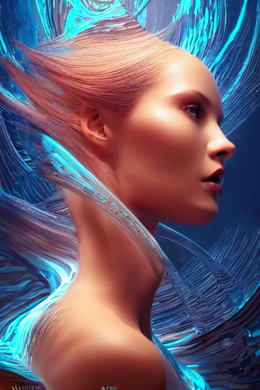 Prompt: a profile photo real render of an alluring futuristic goddess with digital modifications surrounded by a underwater ink pour and flowing liquid gallium and complex sacred geometry, perfect body and face, powerful, cinematic, beautifully lit, by artgerm, by karol bak, 3 d, trending on artstation, octane render, 8 k