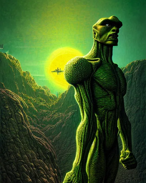 Image similar to portrait giant green humanoid with his fist up, brown armor, background ancient alien landscape, low angle, close up, concept art, intricate details, highly detailed, sci - fi poster, future, sci - fi art, in the style of chris foss, rodger dean, moebius, michael whelan, and gustave dore