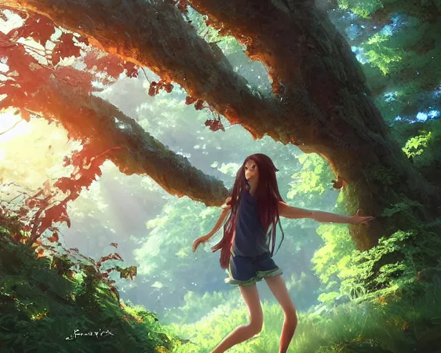 Prompt: a girl that has wings on her back hovering in a forest facing the camera, front facing, green foliage, sunlit, wide, trees, matte painting, digital illustration, very vibrant colors, soft lighting, adventurous, atmospheric lighting, 8K, octane render. By Makoto Shinkai, Stanley Artgerm Lau, WLOP, Rossdraws, James Jean, Andrei Riabovitchev, Marc Simonetti, krenz cushart, Sakimichan, D&D trending on ArtStation, digital art.