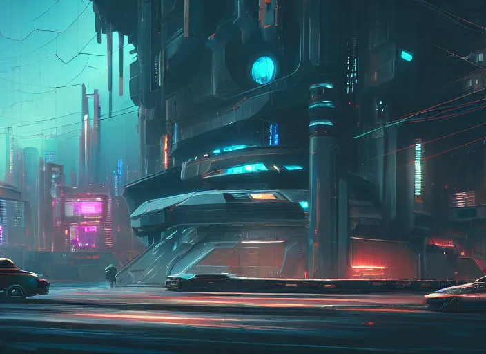 Prompt: exterior of scifi temple, machines, architecture, cult of artificial intelligence, ultra realistic, gaming computers, highly detailed, atmosphere, masterpiece, concept art, glowing wires, transparent objects, cyberpunk, highlighted, 4 k, cinematic, art by patryk olkiewicz and chris ostrowski and liang yao