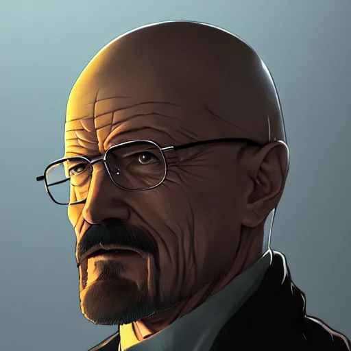 Image similar to Walter White anime portrait, mattepainting concept pixar maya engine on stylized background splash comics global illumination lighting artstation lois van baarle, ilya kuvshinov, rossdraws