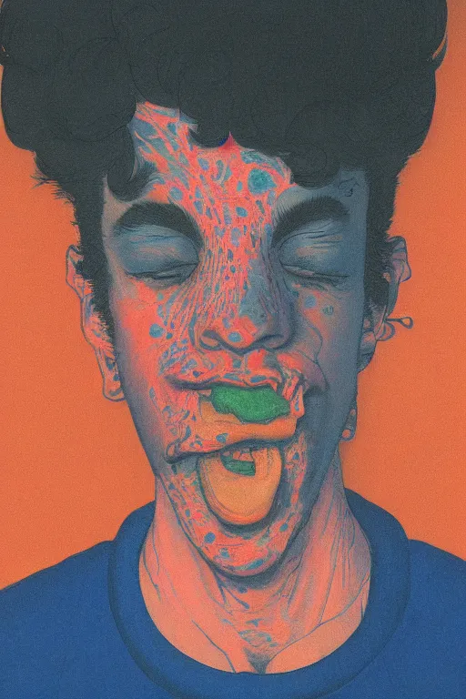 Prompt: a closeup portrait of a young spanish man licking a blotter paper of LSD acid on his tongue and dreaming psychedelic hallucinations, by kawase hasui, moebius, Edward Hopper and James Gilleard, Zdzislaw Beksinski, Steven Outram colorful flat surreal design, hd, 8k, artstation