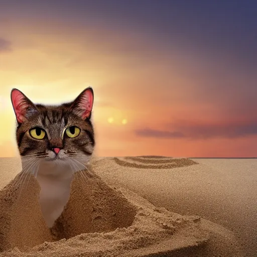 Image similar to Photo of a cat building a sandcastle on a beach, photorealistic, 8K photo, golden hour, award winning