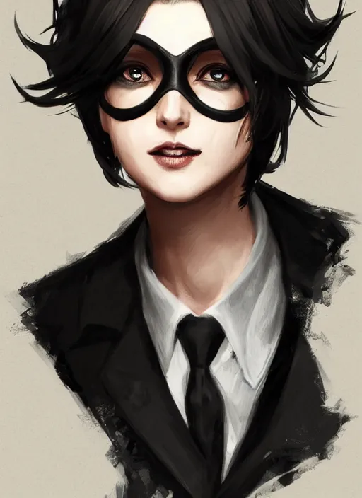Image similar to a highly detailed illustration of beautiful short black messy haired woman wearing black eyepatch on one eye and noir style suit and tie, dramatic smiling pose, intricate, elegant, highly detailed, centered, digital painting, artstation, concept art, smooth, sharp focus, league of legends concept art, WLOP