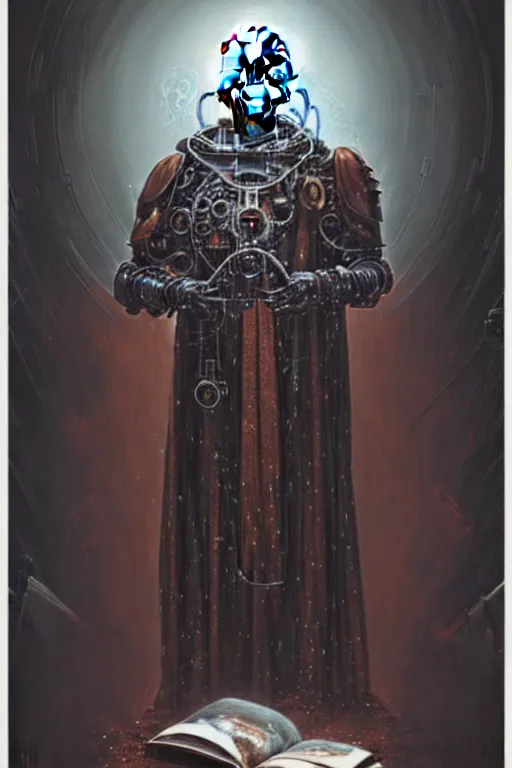 Prompt: painting of joe biden as a cloaked tech priest holding a book, adeptus mechanicus!, cybernetic enhancements attached to his body, praise the omnissaiah, zdzislaw beksinski, lewis jones, mattias adolfsson, warhammer 4 0 k!!, cold hue's, warm tone gradient background, concept art, digital painting