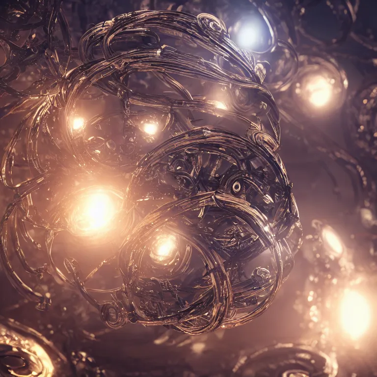 Prompt: swirling abstract cyborg parts and bio - mechanical tendrils and ornate flowing smoke streams and smooth particle effects surround a small metallic sphere, cinematic, unreal engine