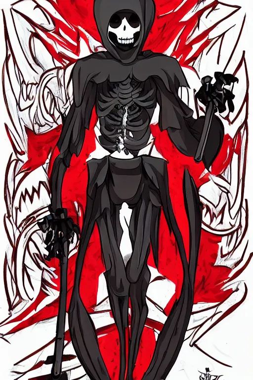 Prompt: a full body shot of Grim Reaper by Studio Trigger, skeleton face, his eyes are red and glowing, mohawk haircut , sport pants, highly detailed, artstation,manga