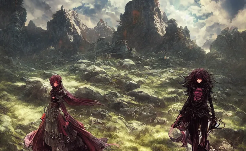 Image similar to goth woman in front of mountain landscape, color page, tankoban, 4 k, tone mapping, akihiko yoshida, james jean andrei riabovitchev marc simonetti, yoshitaka amano, long hair, curly, h. hydrochaeri