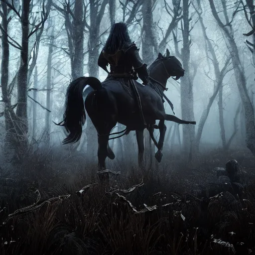 Image similar to the wild hunt, spectres of the night, hounds, bad omen, riding, silver - mounted sword, blizzard storm, enchanted, forest, fog, winter, dreamy, witcher 3, cinematic, breathtaking, vfx, octane, arnold, physically based rendering, unreal 5, cgi, concept art, trending in artstation, intricate details, dark fantasy, 8 k