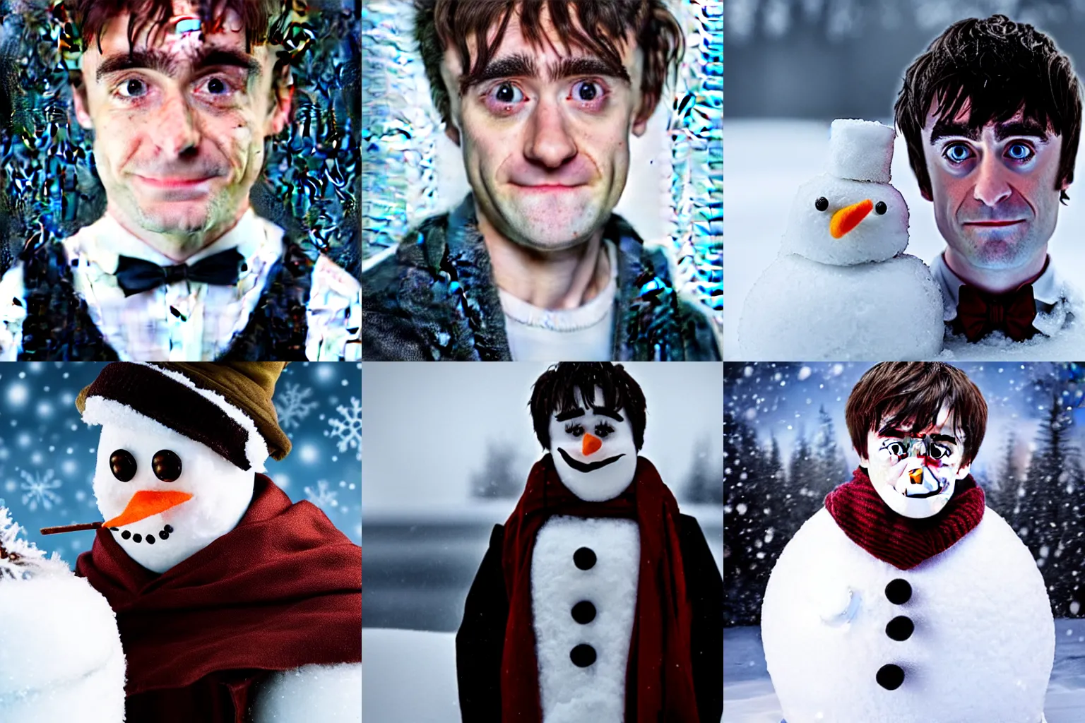 Prompt: a realistic portrait photo of the Actor Daniel radcliff playing the role of a sad snowman