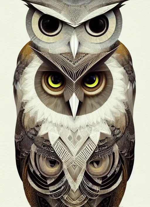 Image similar to portrait of a geometric owl, identical eyes, medium shot, illustration, full body made of white feathers, symmetrical, art stand, super detailed, cinematic lighting, and its detailed and intricate, gorgeous, by peter mohrbacher