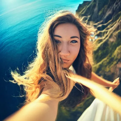 Image similar to Selfie of a beautiful woman with gorgeous flowy hair, standing over a cliff, beautiful volumetric lighting, subsurface scattering, (((((vivid))))) atmosphere, radiant sunshine, trending on artstation, 4k, 8k, artstation portrait imagery, fisheye!!!!! lens, instagram!!!!! selfie!!!!!