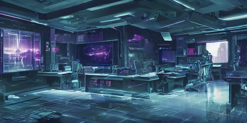 Image similar to a cyberpunk office interior with huge holographic displays everywhere, ralph maquarrie and syd mead cinematic matte painting, 4 k