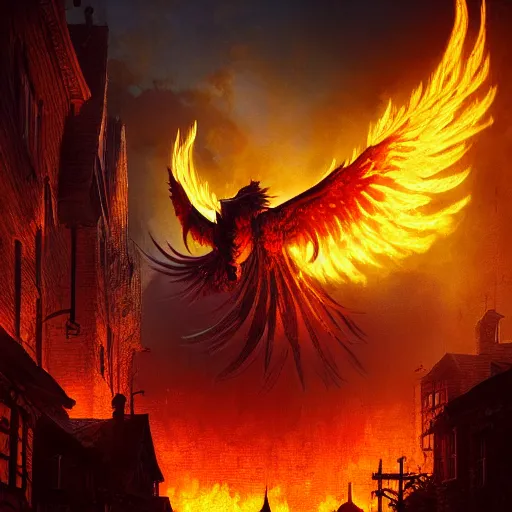 Image similar to Phoenix in fire flying through a medieval town by night, buildings in fire, dark, destruction, post-apocalyptic, DnD character, unreal engine, octane render, dramatic lighting, pond, digital art, by Stanley Artgerm Lau, greg rutkowski, thomas kindkade, alphonse mucha, loish, norman Rockwell