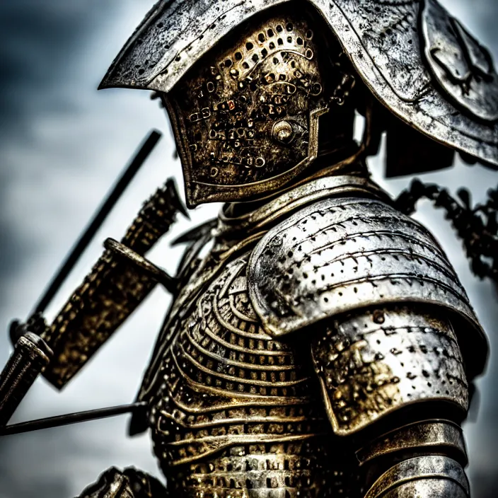 Prompt: photo of a warrior with metal grasshopper themed armour, highly detailed, hdr, smooth, sharp focus, high resolution, award - winning photo