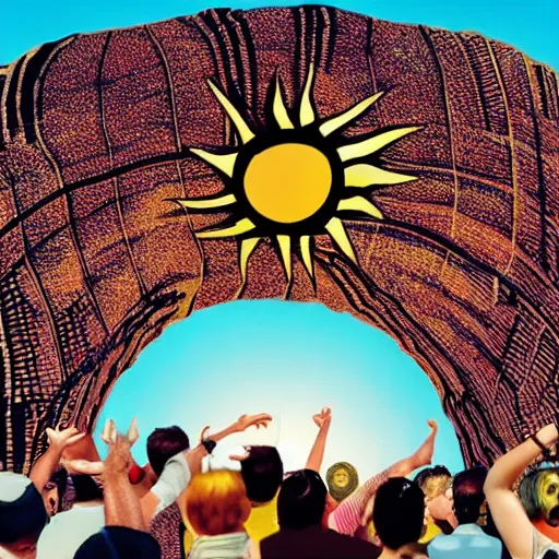 Image similar to wide shot of a small crowd pointing at the sun. in the style of salvador dali