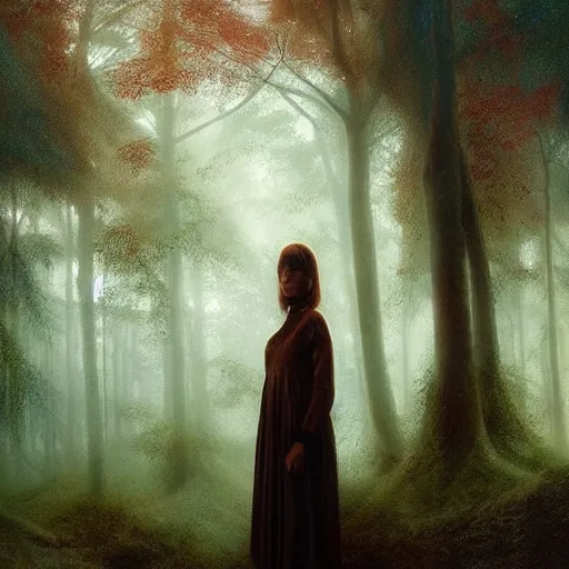 Prompt: haunting portrait in the magical iridescent woods by steve mccurry, detailed, atmospheric, artstation