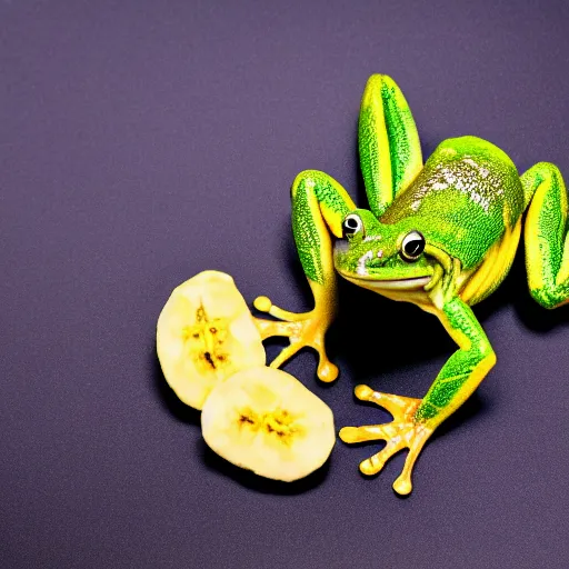 Image similar to a frog made of bananas, close - up professional photography, white background, studio lighting
