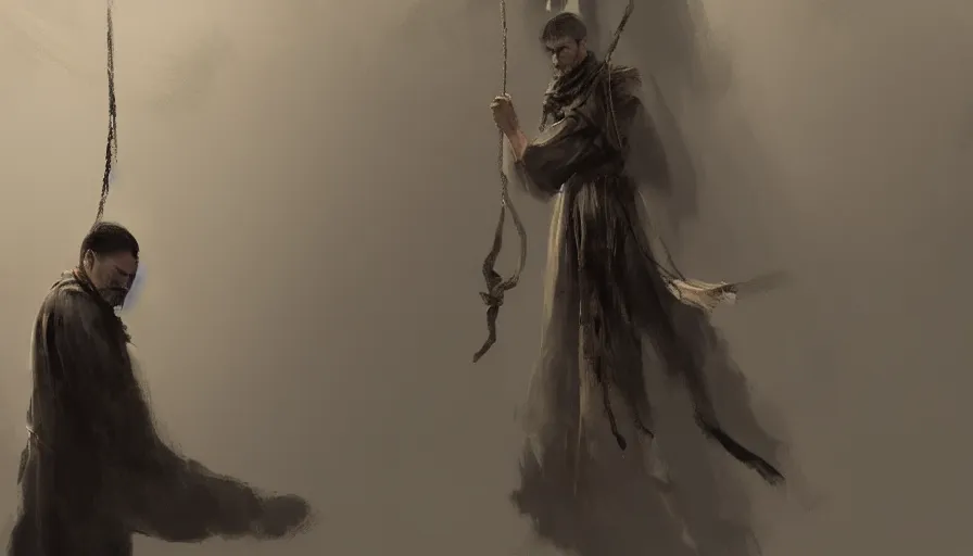 Image similar to concept art of a hanged monk by jama jurabaev, trending on artstation, high quality, brush stroke, for aaa game