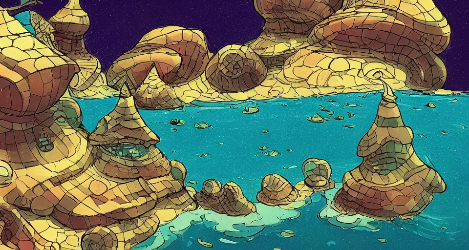 Prompt: giant abalone - shaped seashell house in the ocean by dr seuss, ralph mcquarrie, in the style of zelda windwaker, triadic color scheme, cell shading, 3 d