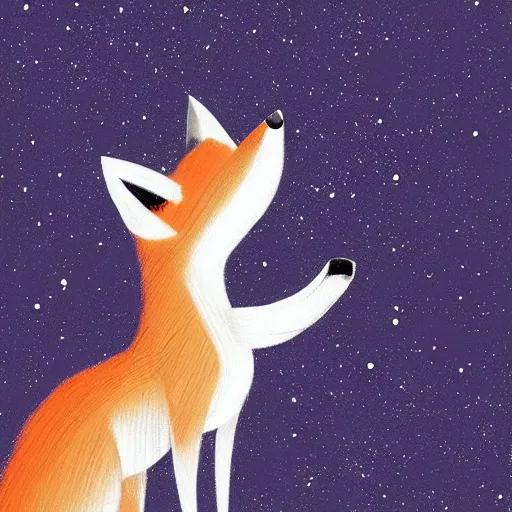 Image similar to “a fox sitting in the woods, looking up at the night sky. The moon shines brightly. digital art, painting, highly detailed”