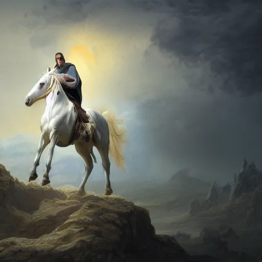 Image similar to a masterpiece!! matte painting of a handsome!! man riding on a white horse with eyes like flames!, many crowns!! upon his head, a robe dipped in blood!, by gustav dore and paul barson, 8 k, uhd, cgsociety, trending on artstation, coruscation!!, crepuscular!!