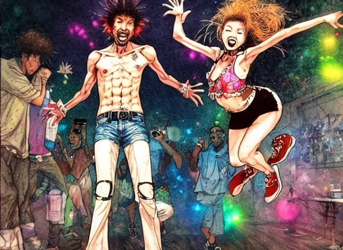 Prompt: a funky disco crackhead jumping around in the club, by takehiko inoue and kim jung gi and thomas kinkade, masterpiece illustration, realistic face and anatomy