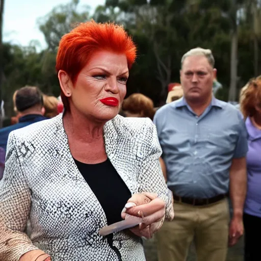 Prompt: Pauline Hanson poking out her forked snake tongue