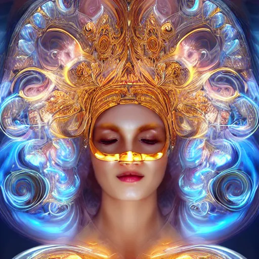 Prompt: highly detailed digital painting of a beautiful goddess by wlop, bright light emerging from her eyes, wearing a mask, sculpted in white opalescent marble, with lots of thin ornaments, disolving with a luminous background, curves and chaotic fractal art inlays, intricate, 8 k, golden aura, cinematic light, background atmospheric effects, sparkles, light rays