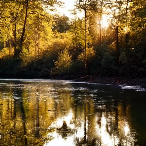 Prompt: river in a forest, golden hour, ray tracing reflection, 8k, hyper realistic