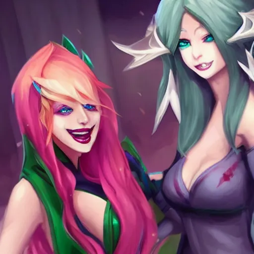 Image similar to league of legends, xayah and kai'sa as best friends, funny, flirty, smiling, playing, photo