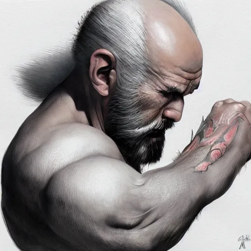 Image similar to ultra realistic illustration of heihachi mishima devouring kazuya mishima, intricate, elegant, highly detailed, digital painting, artstation, concept art, smooth, sharp focus, illustration, art by artgerm and greg rutkowski and alphonse mucha