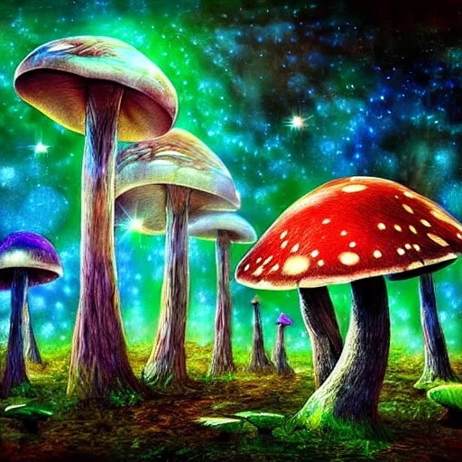 Prompt: psychedelic forest with large mushrooms and nebula sky, shamans, digital art, mystical