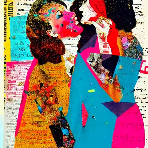 Prompt: two women kissing at a party, mixed media collage, retro, paper collage, magazine collage, acrylic paint splatters, retro psychedelic illustrations,