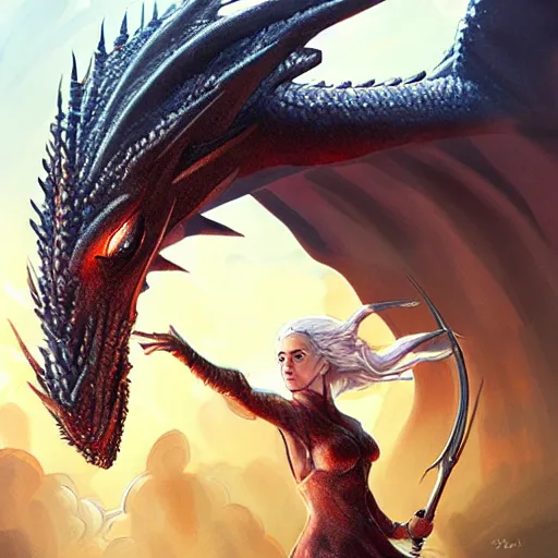 Prompt: Daenerys Targaryen riding a dragon, digital art, epic lighting, stunning colors
