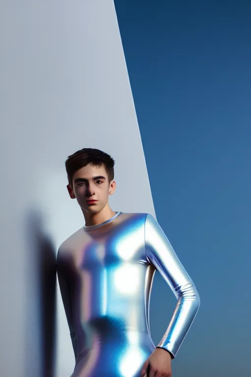 Image similar to un ultra high definition studio quality photographic art portrait of a young man standing on the rooftop of a british apartment building wearing soft baggy inflatable padded silver iridescent pearlescent clothing. three point light. extremely detailed. golden ratio, ray tracing, volumetric light, shallow depth of field. set dressed.