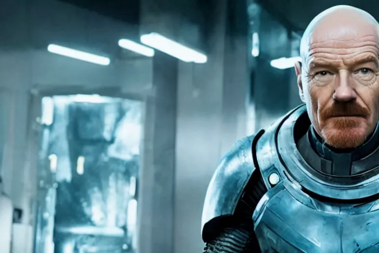 Prompt: promotional image of bald Bryan Cranston as a new superhero called Meth-Man in Avengers: Endgame (2019), icy blue plate armor, stern expression, movie still frame, promotional image, imax 70 mm footage