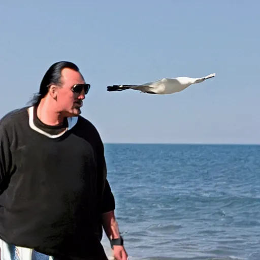 Prompt: a photo still of steven seagal as a seagull at the pier next to the ocean, anthropomorphized