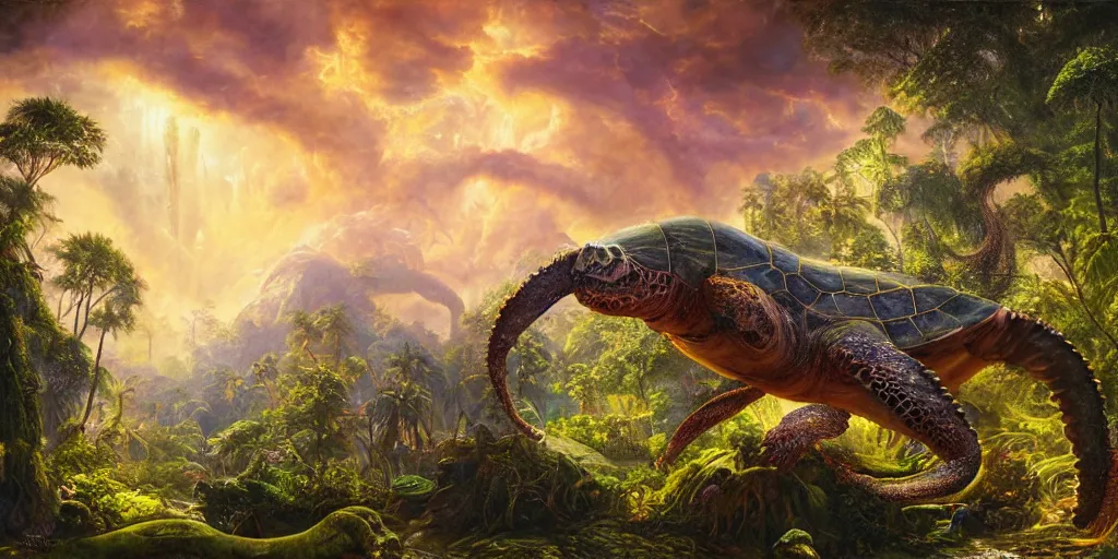 Prompt: fantasy oil painting, great leviathan, turtle cephalopod terrapin reptilian pachyderm amphibian hybrid, rainforest mountains, lush plants flowers, epic natural light, bright clouds, luminous sky, outer worlds, cinematic lighting, michael cheval, michael whelan, vray, 8 k hd