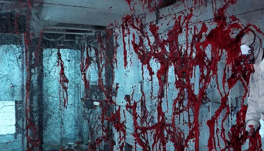 Image similar to Big budget horror movie set in an undersea biolab, the walls are splattered with blood