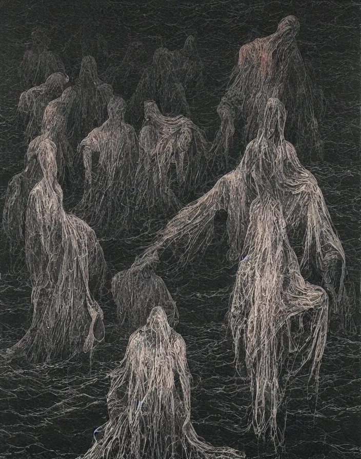 Image similar to worshippers in robes belonging to the cult of the lighthouse standing in waves, a lighthouse, high detailed beksinski painting, part by adrian ghenie and gerhard richter. art by takato yamamoto. masterpiece, dark and moody, deep colours