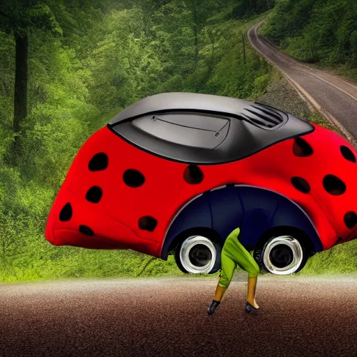 Prompt: promotional scifi - mystery movie scene of a giant - sized ladybug that is a hybrid with a ( volkswagen beatle ) hybrid, flying down a dusty back - road in smokey mountains tennessee. cinematic, muted dramtic color, 4 k, imax, 7 0 mm, hdr