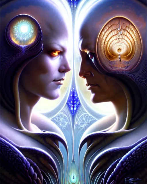 Image similar to a portrait of gemini light and dark fantasy character portrait made of fractals facing each other, ultra realistic, wide angle, intricate details, the fifth element artifacts, highly detailed by peter mohrbacher, hajime sorayama, wayne barlowe, boris vallejo, aaron horkey, gaston bussiere, craig mullins