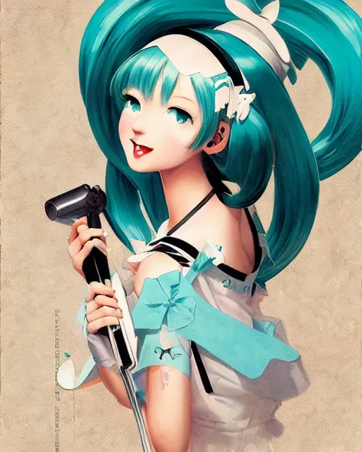 Image similar to Hatsune Miku post card by Gil Elvgren and Daniela Uhlig